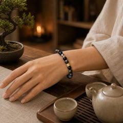 Natural Silver Sheen Obsidian Crystal Om Mani Padme Hum Bead Protection Bracelet featuring Silver, Silver Sheen Obsidian, Obsidian