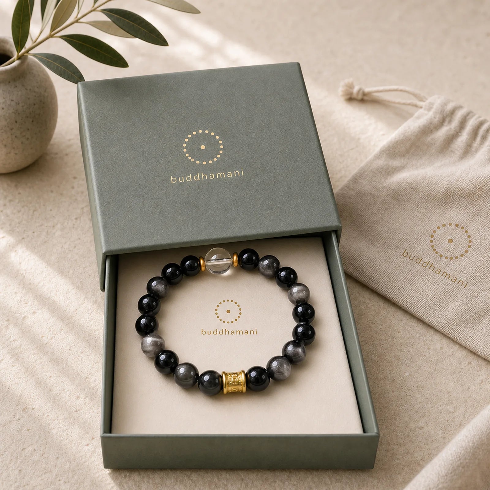Natural Silver Sheen Obsidian Crystal Om Mani Padme Hum Bead Protection Bracelet featuring Silver, Silver Sheen Obsidian, Obsidian