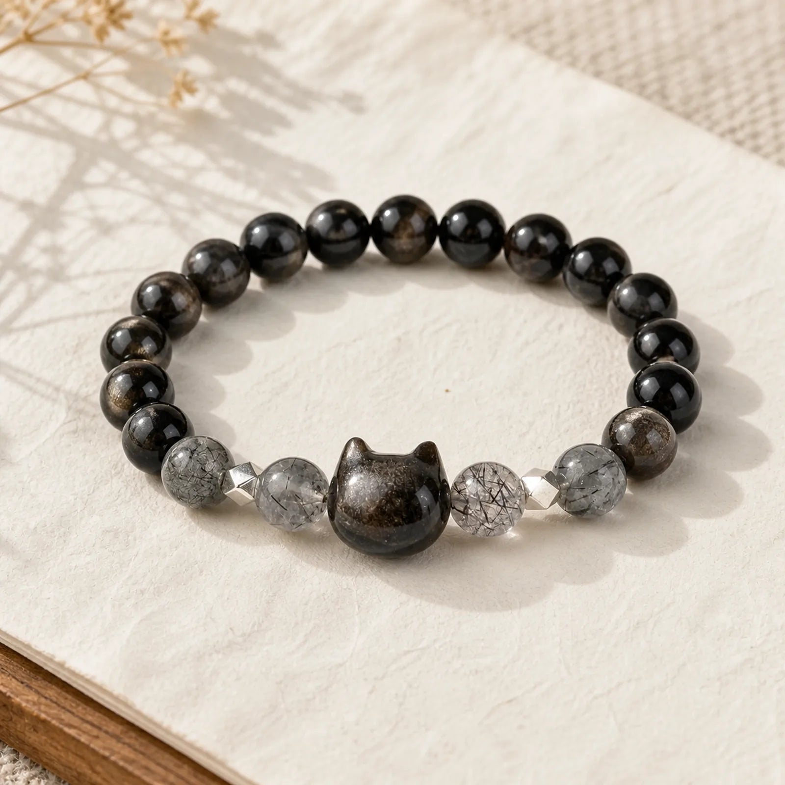 Natural Silver Sheen Obsidian Cute Cat Head Protection Bracelet featuring Silver, Silver Sheen Obsidian, Obsidian