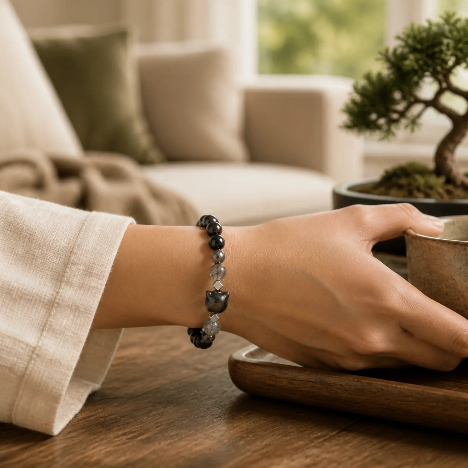 Natural Silver Sheen Obsidian Cute Cat Head Protection Bracelet featuring Silver, Silver Sheen Obsidian, Obsidian