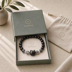 Natural Silver Sheen Obsidian Cute Cat Head Protection Bracelet featuring Silver, Silver Sheen Obsidian, Obsidian