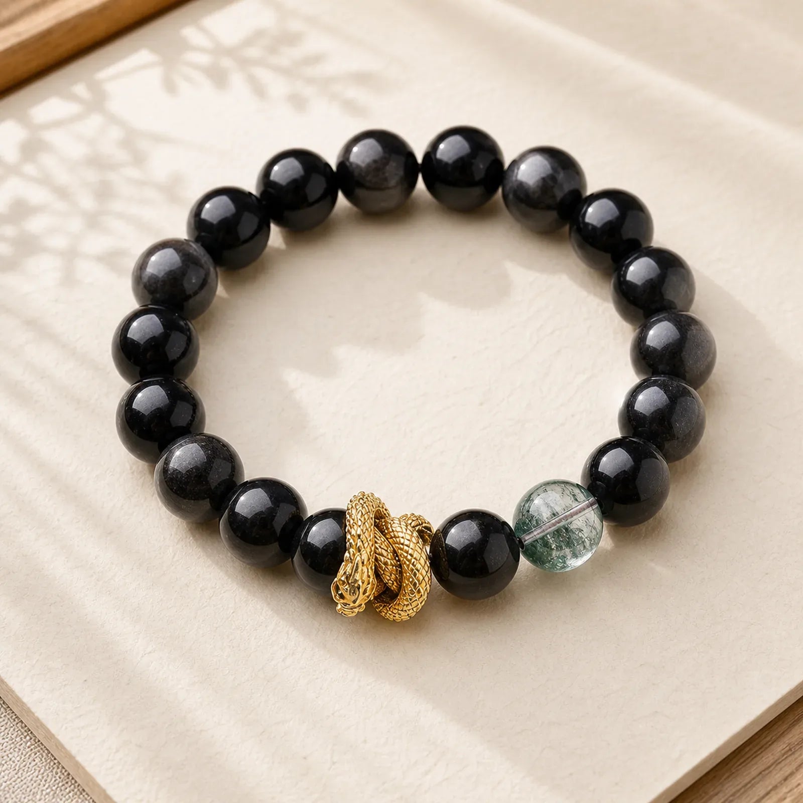 Natural Silver Sheen Obsidian Dragon Green Phantom Protection Bracelet featuring Silver, Silver Sheen Obsidian, Obsidian