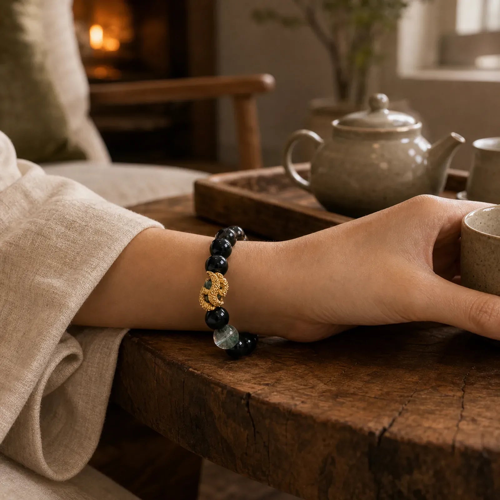 Natural Silver Sheen Obsidian Dragon Green Phantom Protection Bracelet featuring Silver, Silver Sheen Obsidian, Obsidian