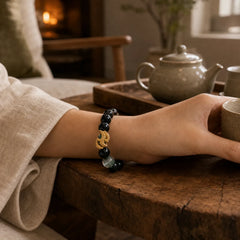 Natural Silver Sheen Obsidian Dragon Green Phantom Protection Bracelet featuring Silver, Silver Sheen Obsidian, Obsidian