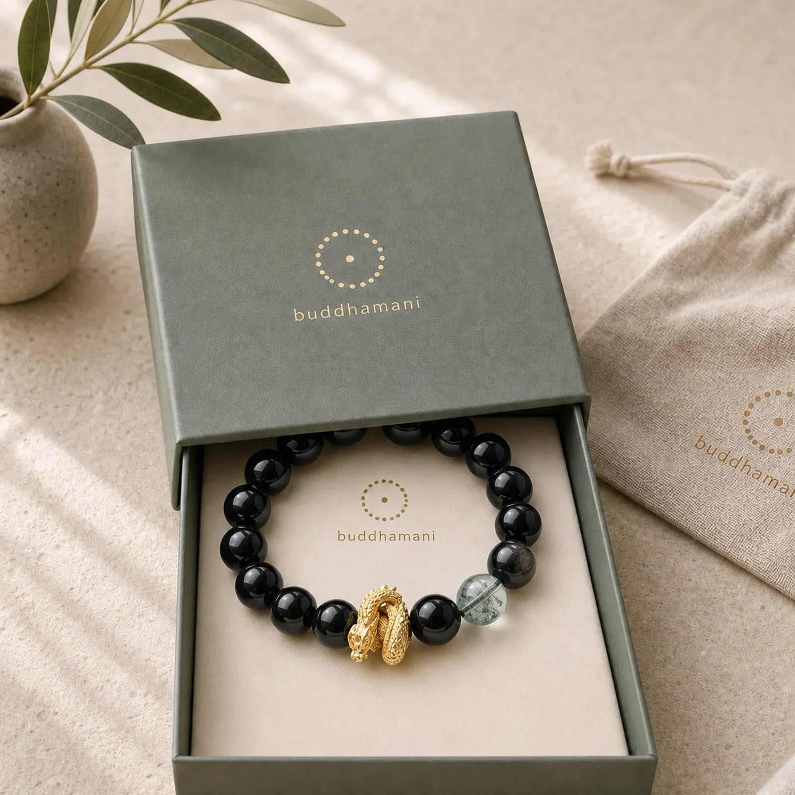 Natural Silver Sheen Obsidian Dragon Green Phantom Protection Bracelet featuring Silver, Silver Sheen Obsidian, Obsidian