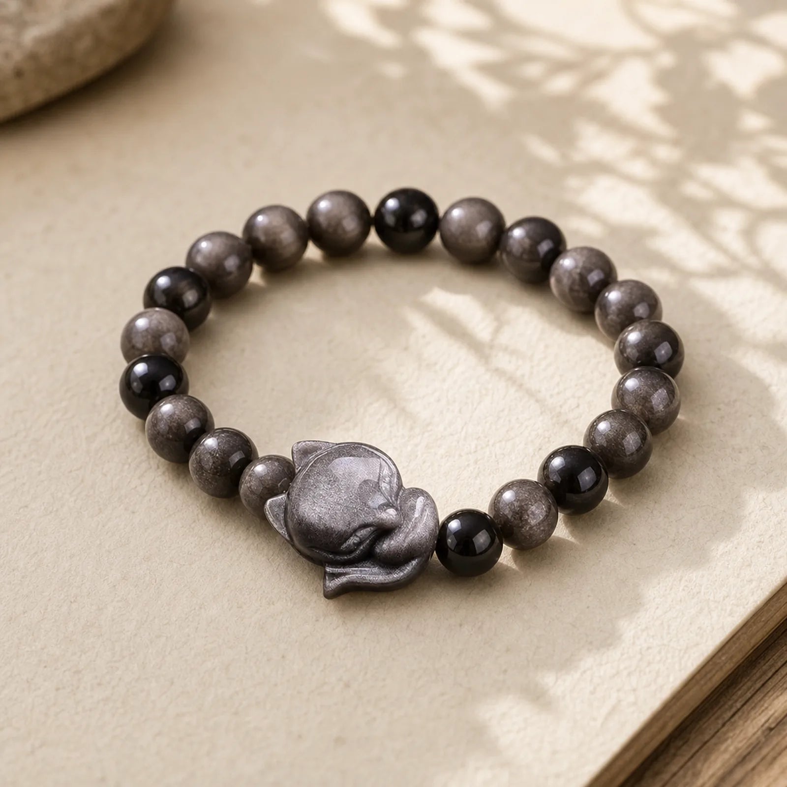 Natural Silver Sheen Obsidian Fox Protection Bracelet featuring Silver, Silver Sheen Obsidian, Obsidian