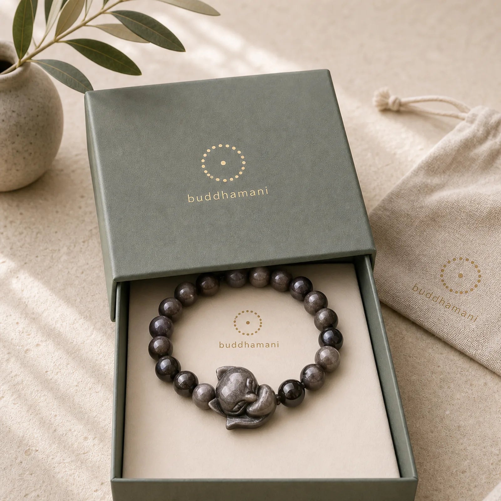 Natural Silver Sheen Obsidian Fox Protection Bracelet featuring Silver, Silver Sheen Obsidian, Obsidian
