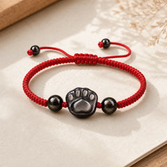 Natural Silver Sheen Obsidian Gold Sheen Obsidian Cute Cat Paw Claw Protection Rope Bracelet featuring Silver, Silver Sheen Obsidian, Obsidian