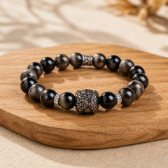 Natural Silver Sheen Obsidian Lion Dance Protection Bracelet featuring Silver, Silver Sheen Obsidian, Obsidian
