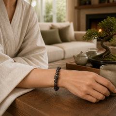Natural Silver Sheen Obsidian Lion Dance Protection Bracelet featuring Silver, Silver Sheen Obsidian, Obsidian