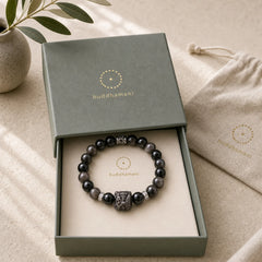 Natural Silver Sheen Obsidian Lion Dance Protection Bracelet featuring Silver, Silver Sheen Obsidian, Obsidian