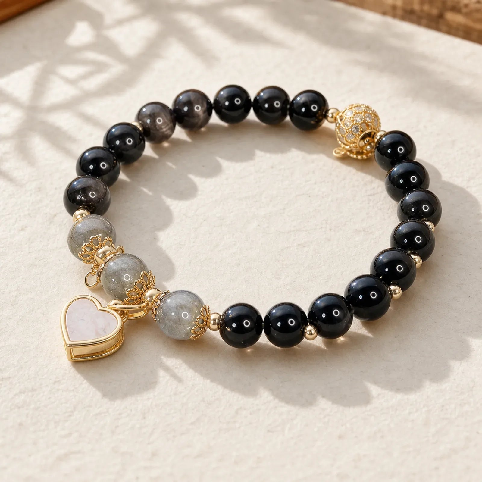 Natural Silver Sheen Obsidian Love Heart Star Flower Protection Bracelet featuring Silver, Silver Sheen Obsidian, Obsidian