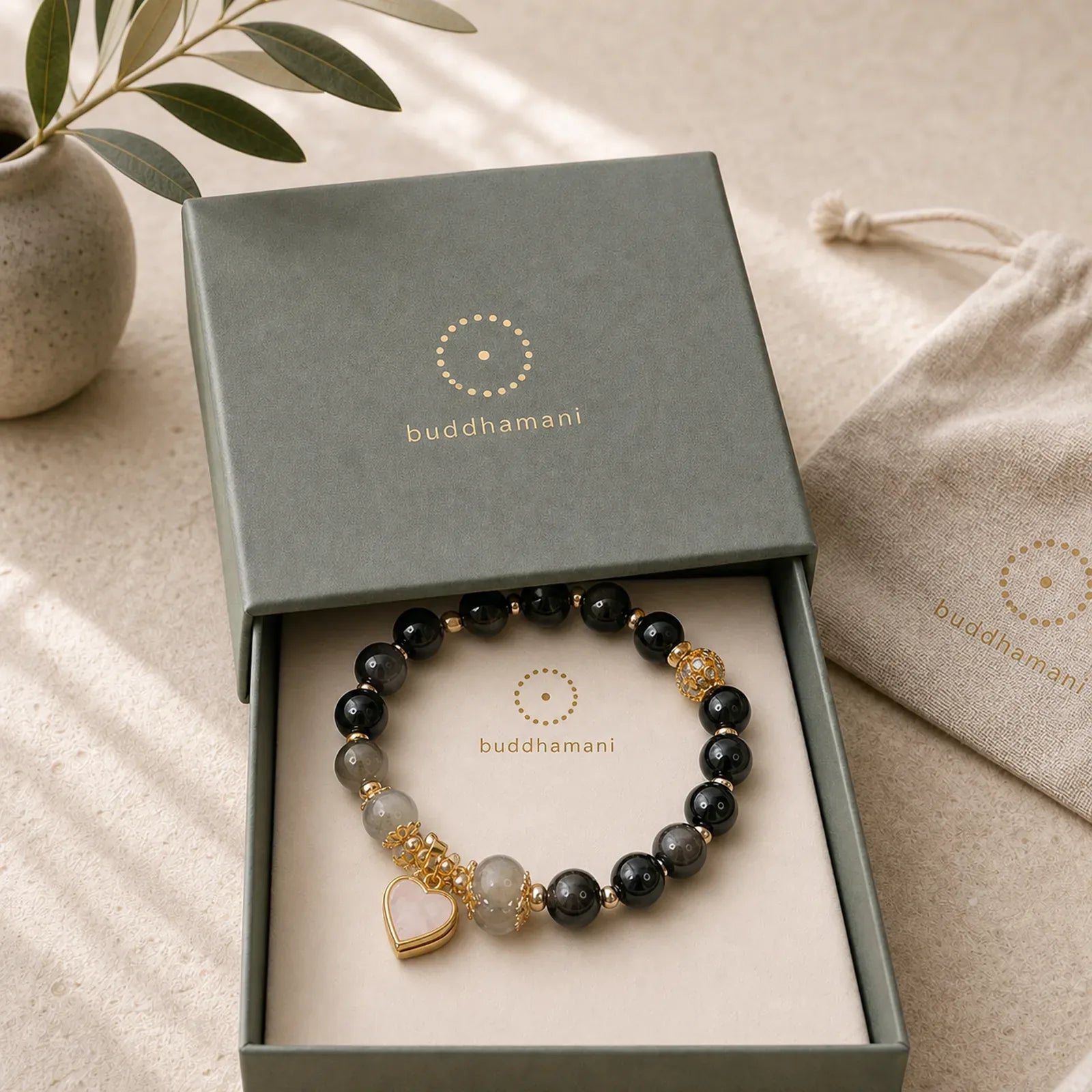 Natural Silver Sheen Obsidian Love Heart Star Flower Protection Bracelet featuring Silver, Silver Sheen Obsidian, Obsidian