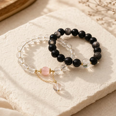 Natural Silver Sheen Obsidian Pink Crystal White Crystal Protection Yin Yang Color Couple Bracelet featuring Silver, Silver Sheen Obsidian, Obsidian