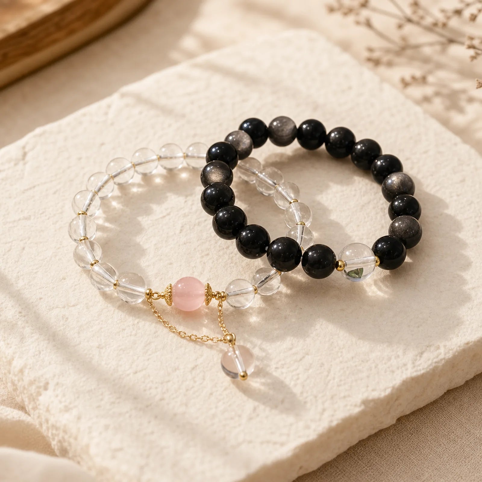 Natural Silver Sheen Obsidian Pink Crystal White Crystal Protection Yin Yang Color Couple Bracelet featuring Silver, Silver Sheen Obsidian, Obsidian