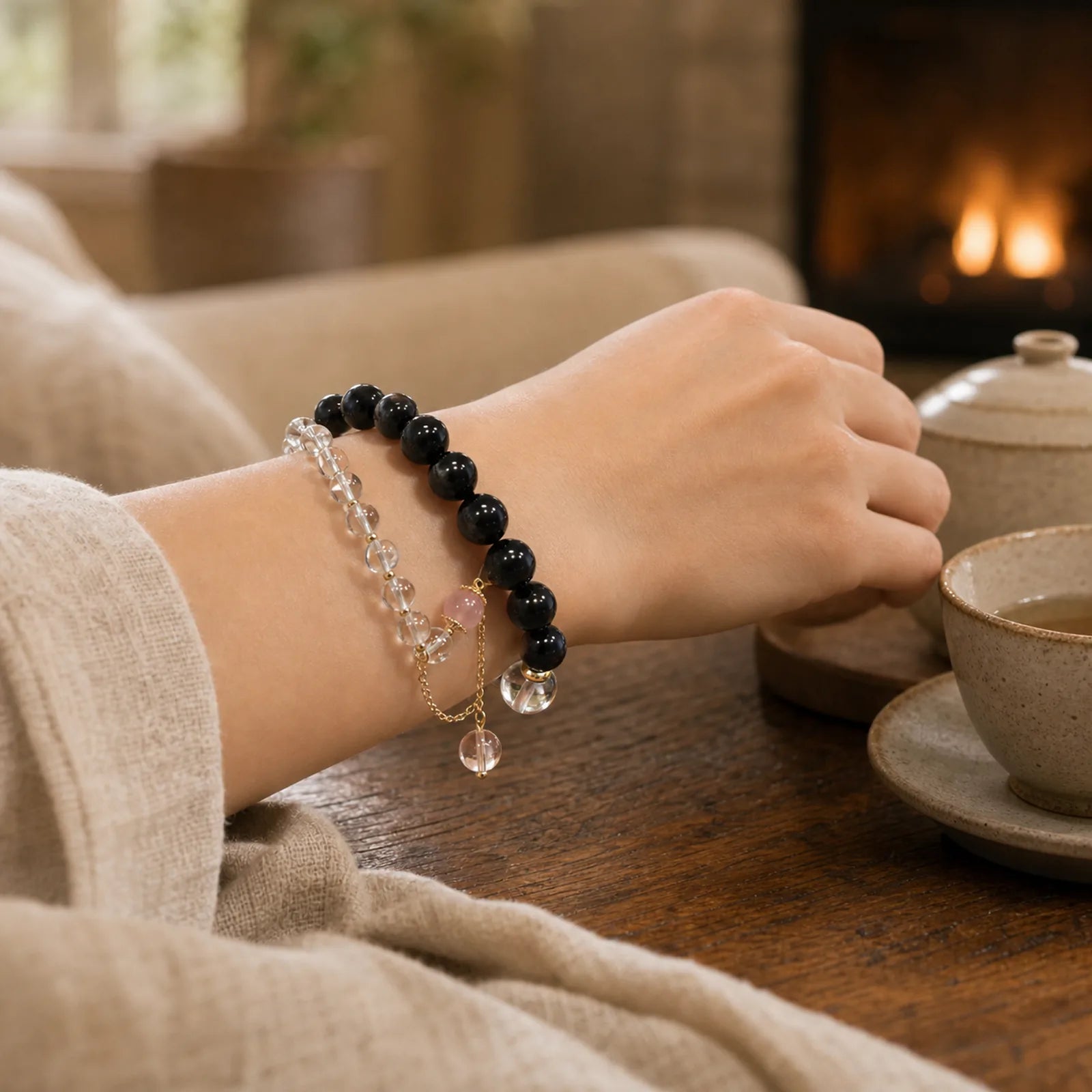 Natural Silver Sheen Obsidian Pink Crystal White Crystal Protection Yin Yang Color Couple Bracelet featuring Silver, Silver Sheen Obsidian, Obsidian