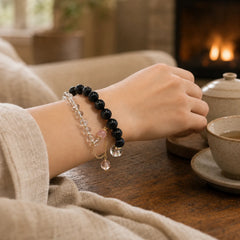 Natural Silver Sheen Obsidian Pink Crystal White Crystal Protection Yin Yang Color Couple Bracelet featuring Silver, Silver Sheen Obsidian, Obsidian