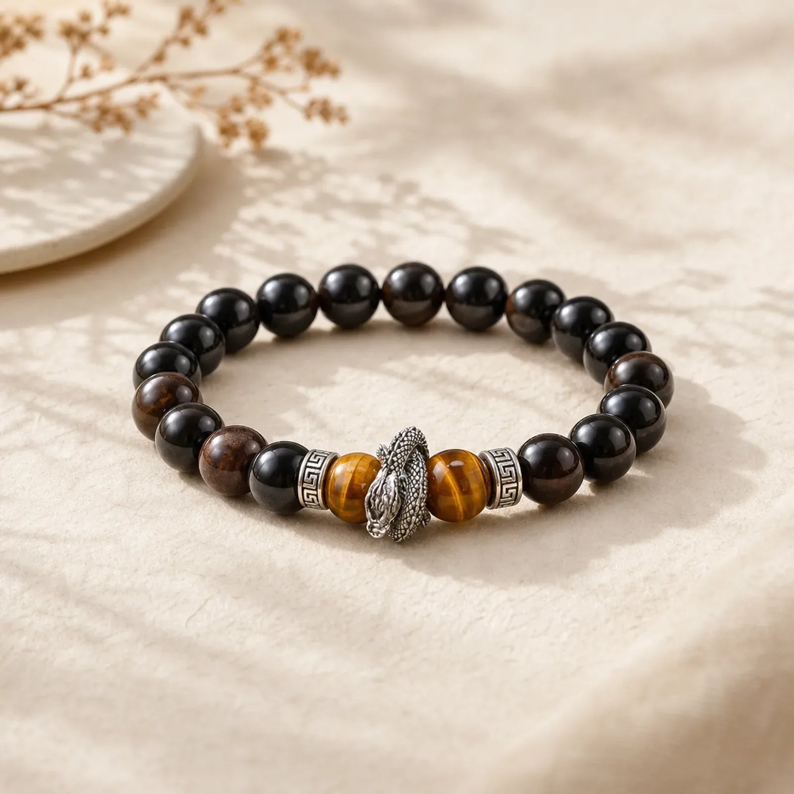 Natural Silver Sheen Obsidian Red Tiger Eye Bead Success Bracelet featuring Silver, Silver Sheen Obsidian, Red Tiger Eye