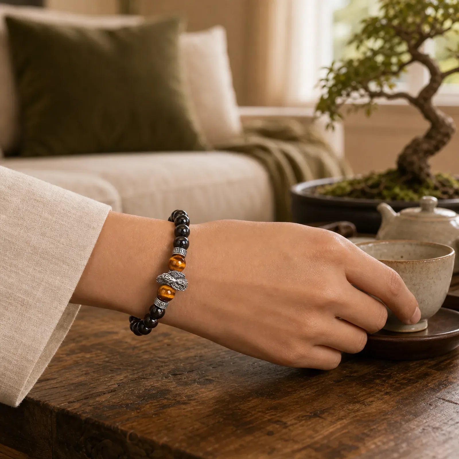 Natural Silver Sheen Obsidian Red Tiger Eye Bead Success Bracelet featuring Silver, Silver Sheen Obsidian, Red Tiger Eye