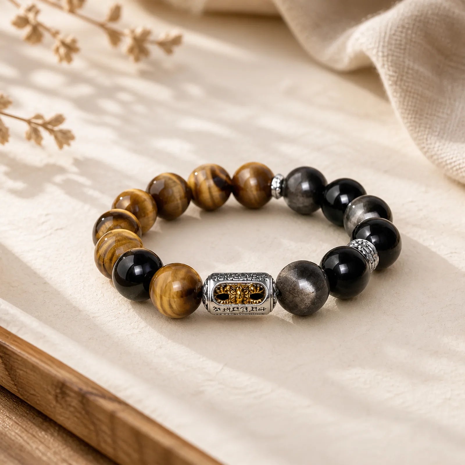 Natural Silver Sheen Obsidian Tiger Eye Vajra Protection Bracelet featuring Silver, Silver Sheen Obsidian, Obsidian