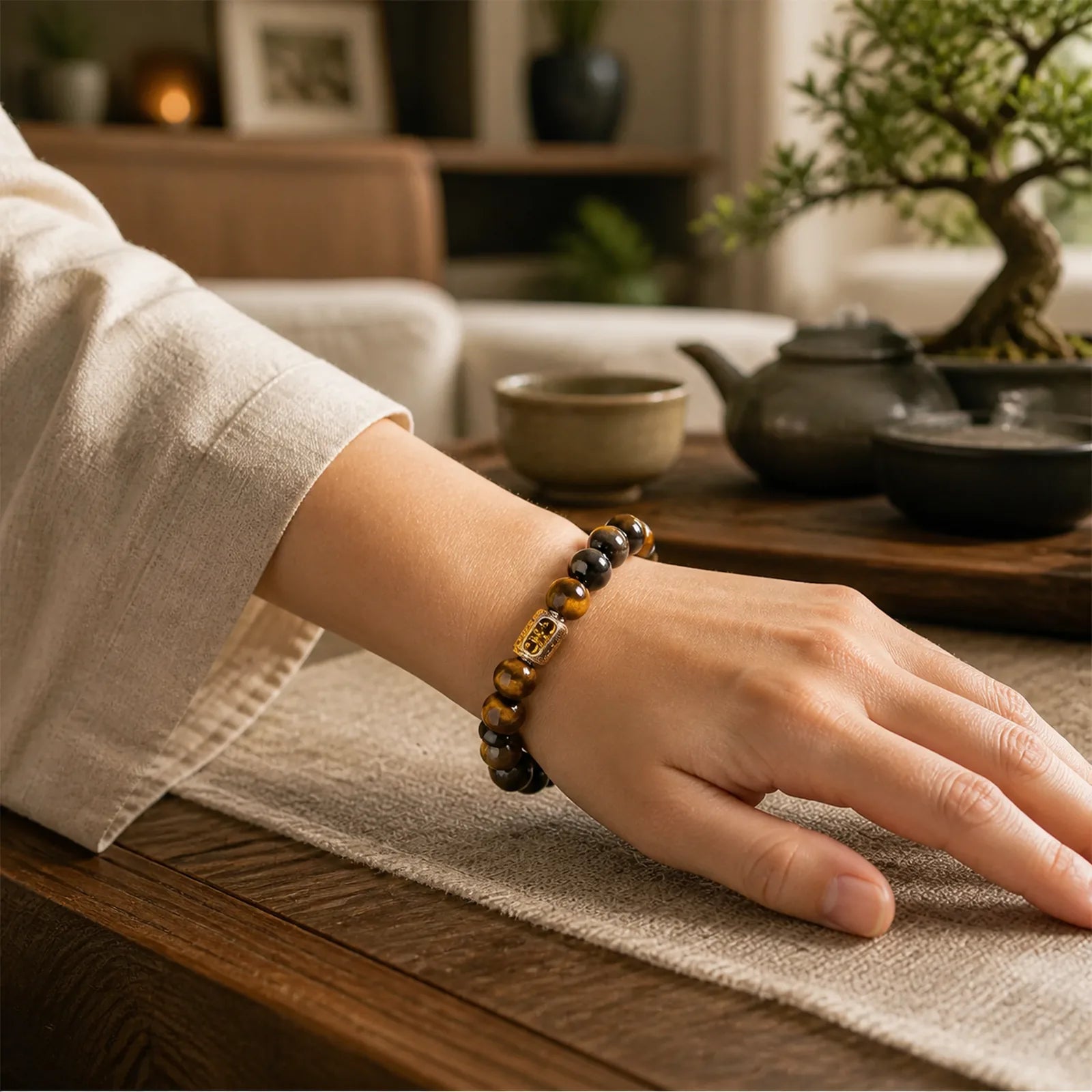 Natural Silver Sheen Obsidian Tiger Eye Vajra Protection Bracelet featuring Silver, Silver Sheen Obsidian, Obsidian