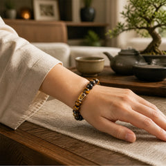 Natural Silver Sheen Obsidian Tiger Eye Vajra Protection Bracelet featuring Silver, Silver Sheen Obsidian, Obsidian