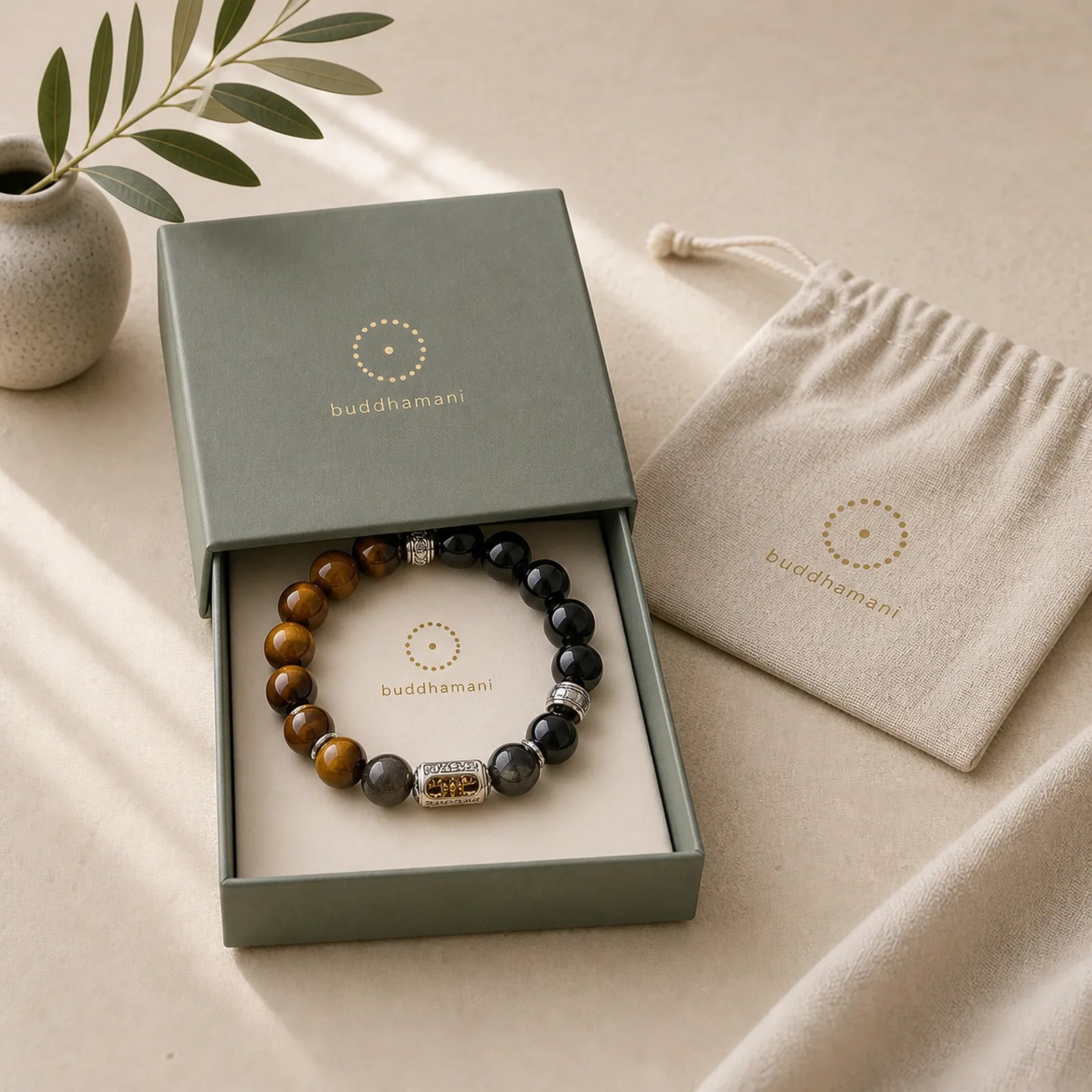 Natural Silver Sheen Obsidian Tiger Eye Vajra Protection Bracelet featuring Silver, Silver Sheen Obsidian, Obsidian