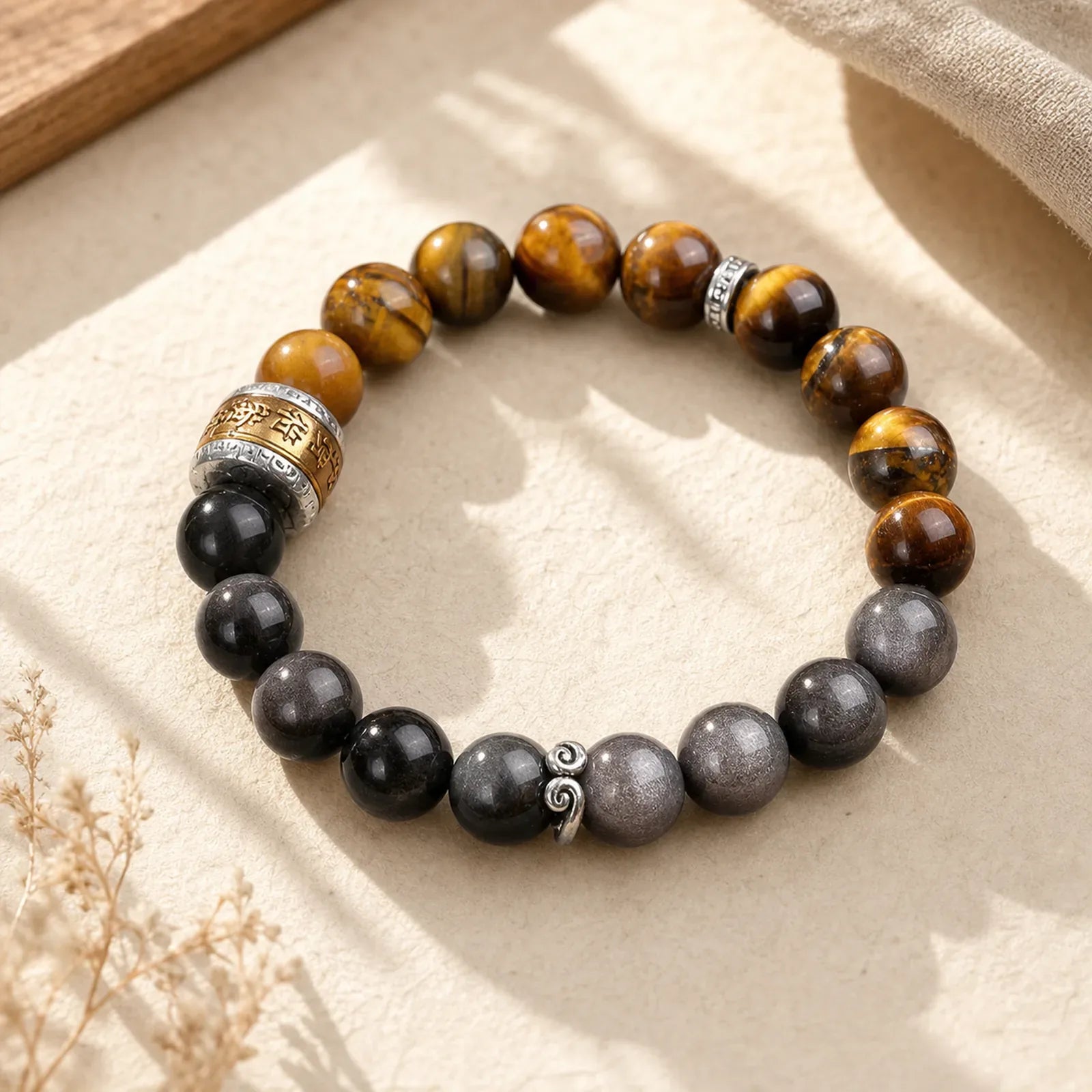 Natural Silver Sheen Obsidian Tiger's Eye Six True Words 'Om Mani Padme Hum' Strength Bracelet featuring Silver, Silver Sheen Obsidian, Obsidian