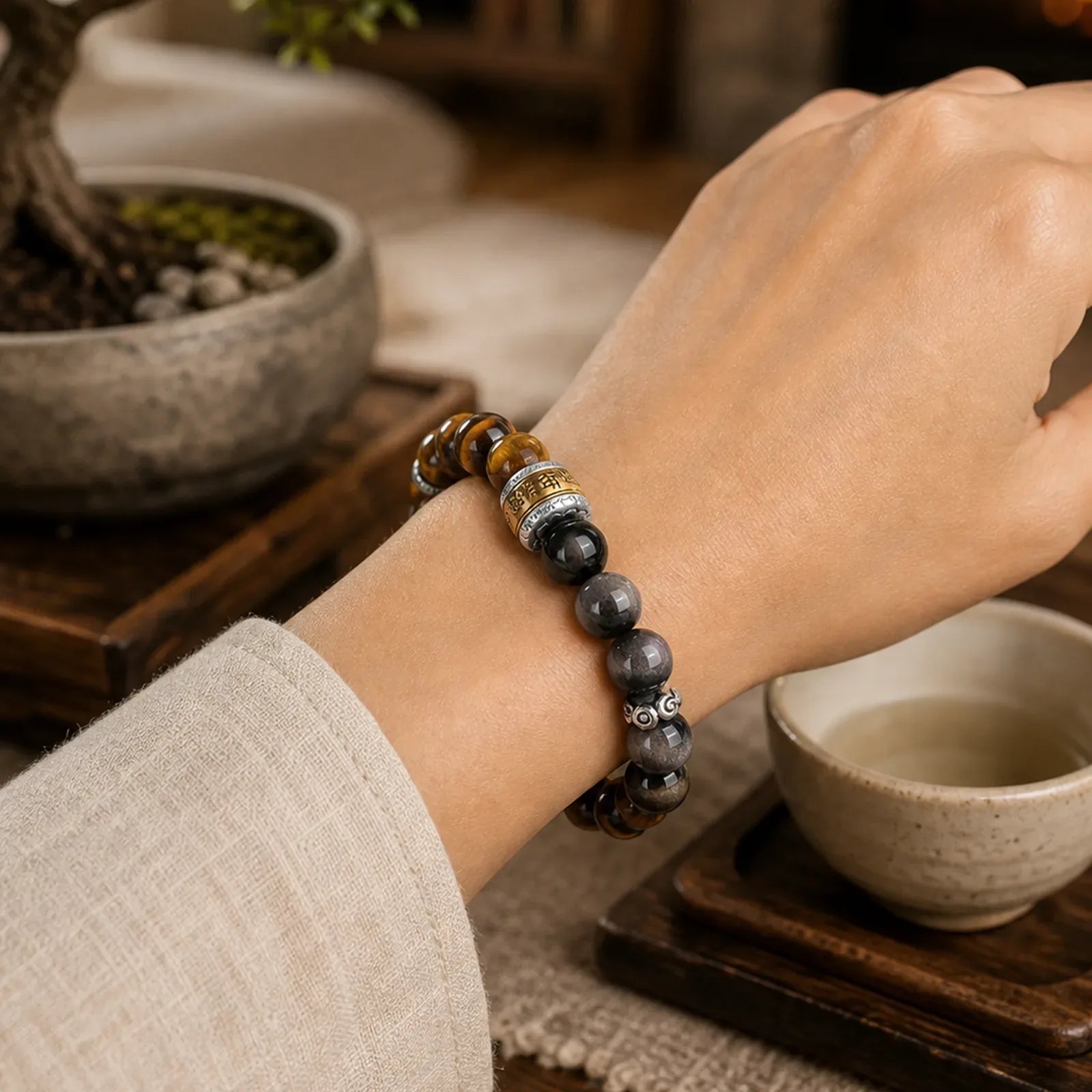Natural Silver Sheen Obsidian Tiger's Eye Six True Words 'Om Mani Padme Hum' Strength Bracelet featuring Silver, Silver Sheen Obsidian, Obsidian