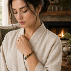 Natural Silver Sheen Obsidian Tiger's Eye Six True Words 'Om Mani Padme Hum' Strength Bracelet featuring Silver, Silver Sheen Obsidian, Obsidian