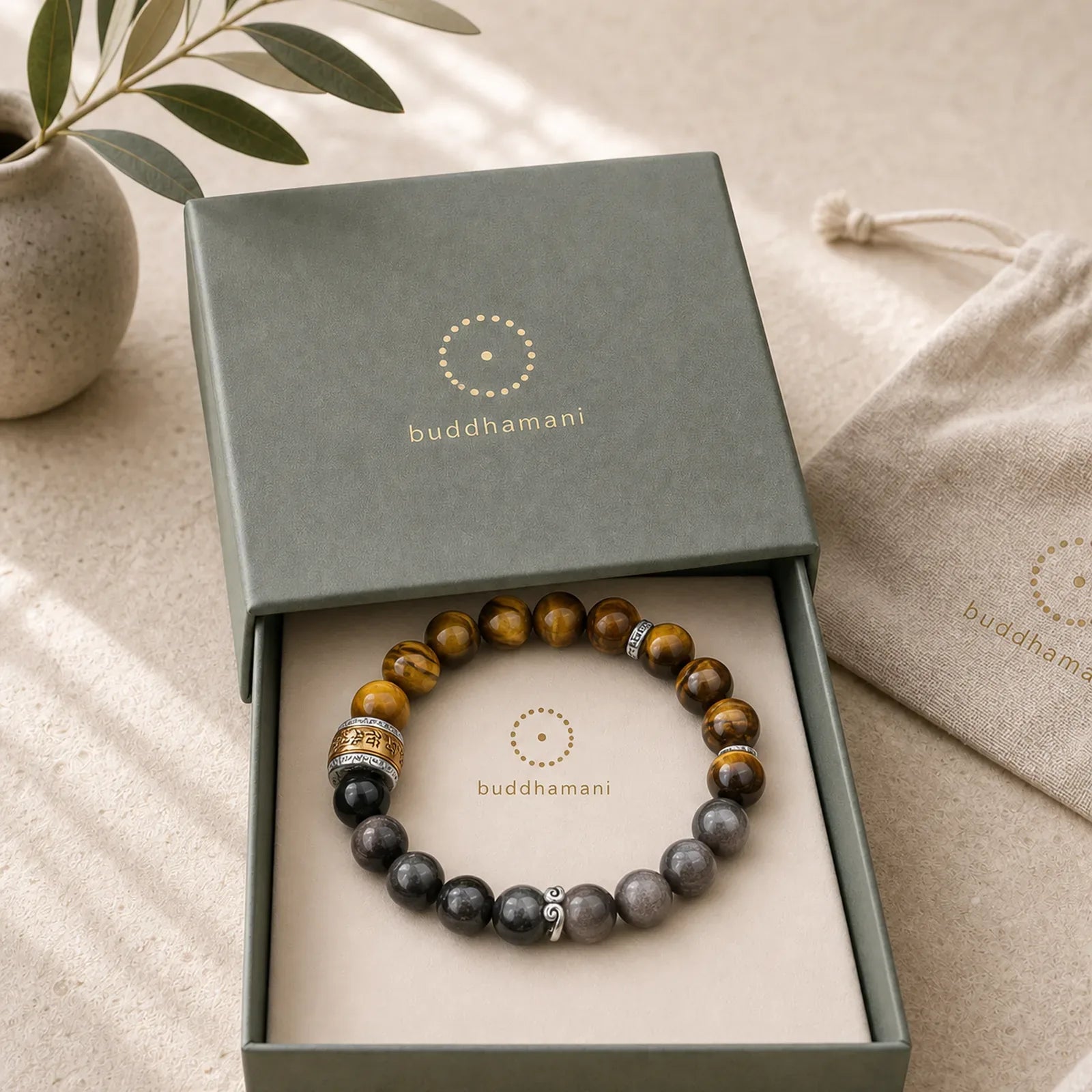 Natural Silver Sheen Obsidian Tiger's Eye Six True Words 'Om Mani Padme Hum' Strength Bracelet featuring Silver, Silver Sheen Obsidian, Obsidian