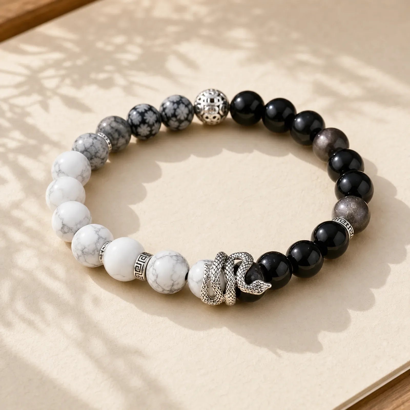 Natural Silver Sheen Obsidian White Turquoise Grey Jasper Snowflake Obsidian Year Of The Snake Protection Bracelet featuring Silver, Silver Sheen Obsidian, Obsidian