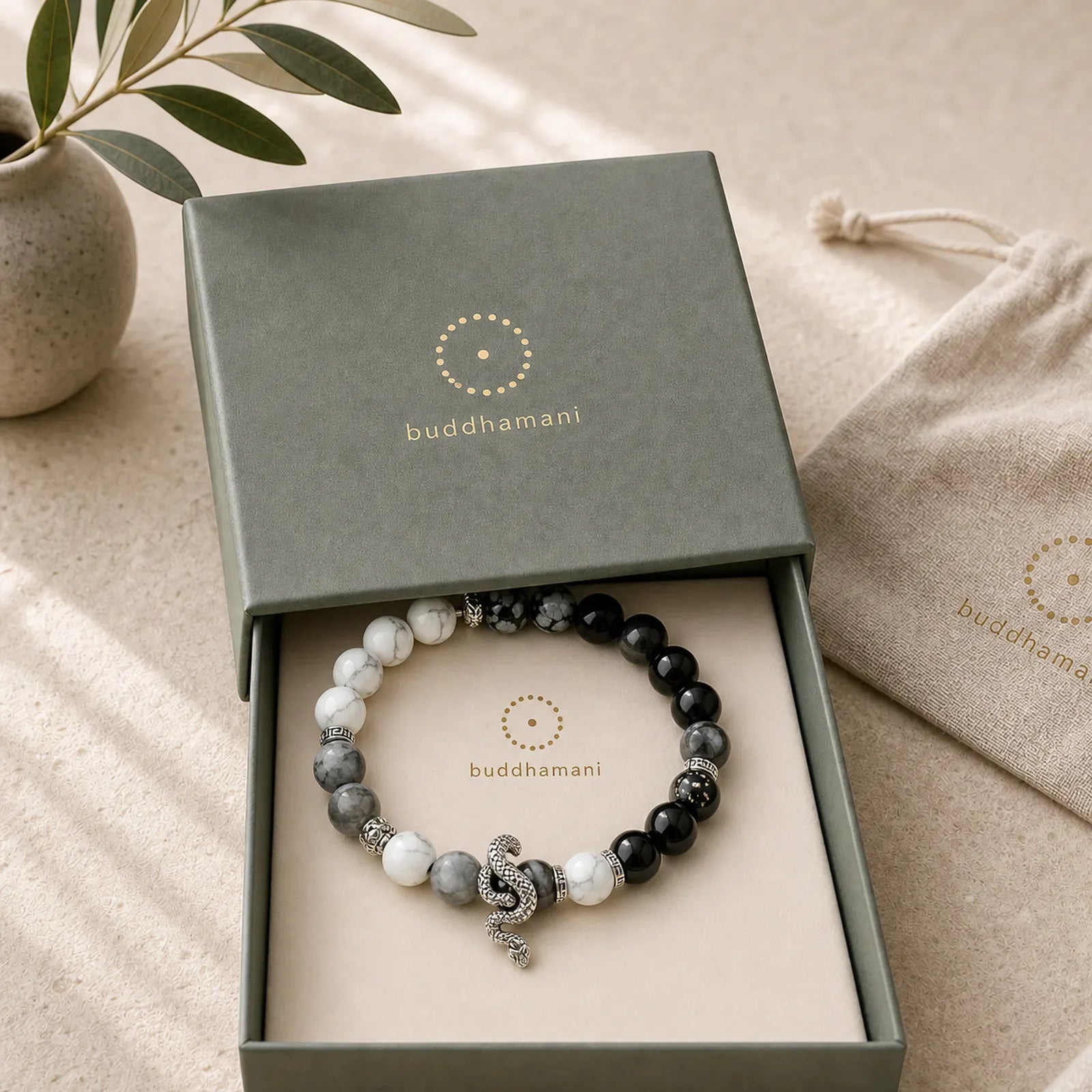 Natural Silver Sheen Obsidian White Turquoise Grey Jasper Snowflake Obsidian Year Of The Snake Protection Bracelet featuring Silver, Silver Sheen Obsidian, Obsidian