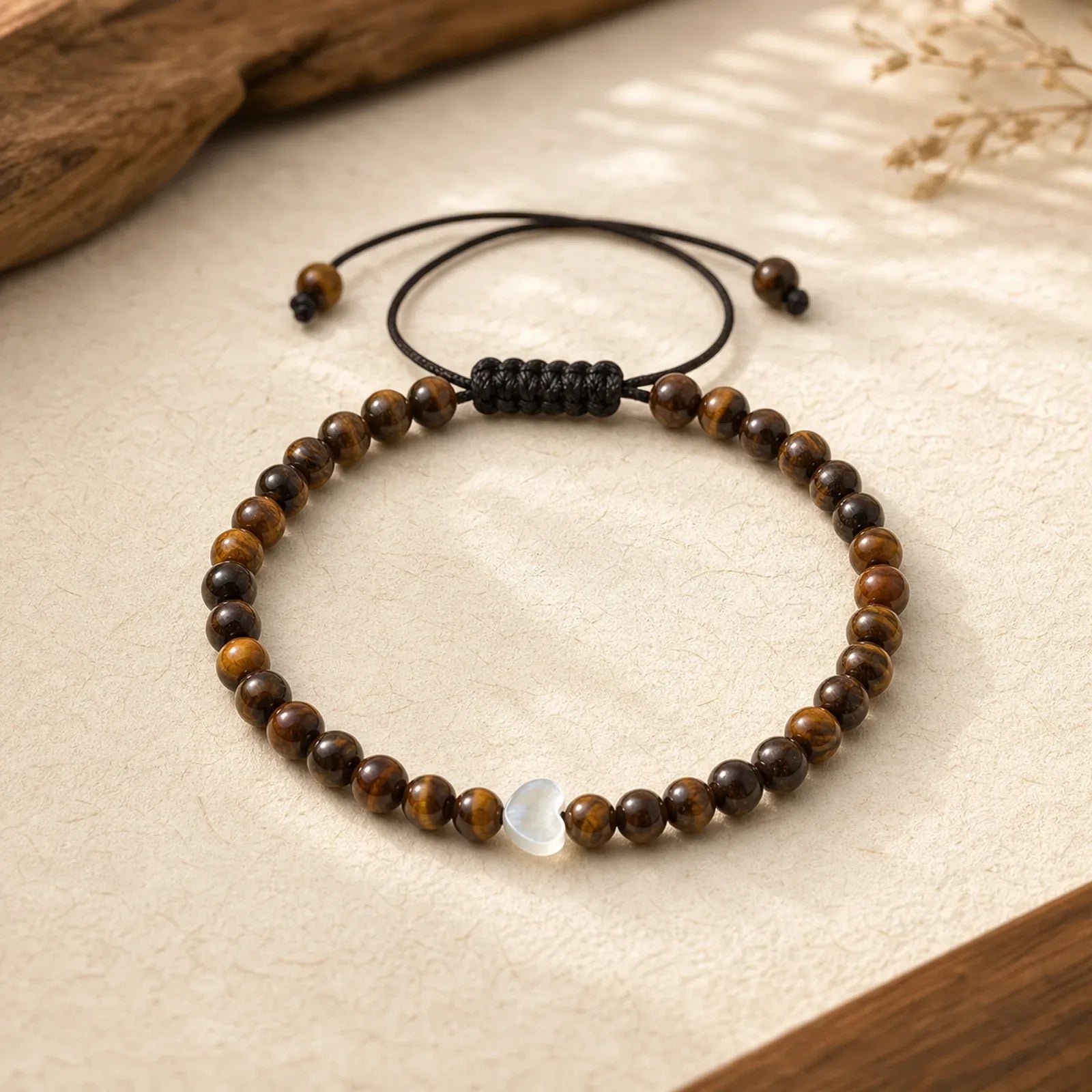 Natural Small Tiger Eye Beads Love Heart Power String Bracelet featuring Tiger Eye