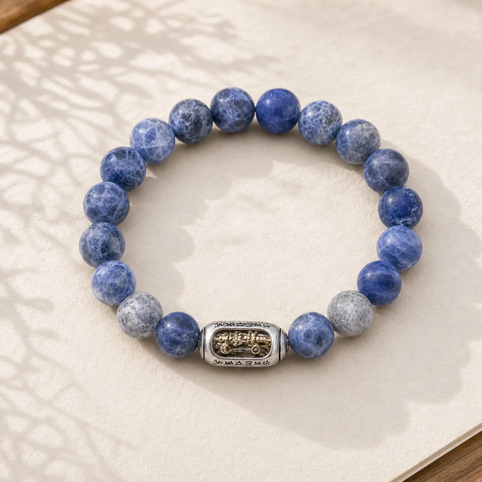 Natural Sodalite Grey Jasper Om Mani Padme Hum Harmony Bracelet featuring Sodalite, Grey Jasper, Om Mani Padme Hum