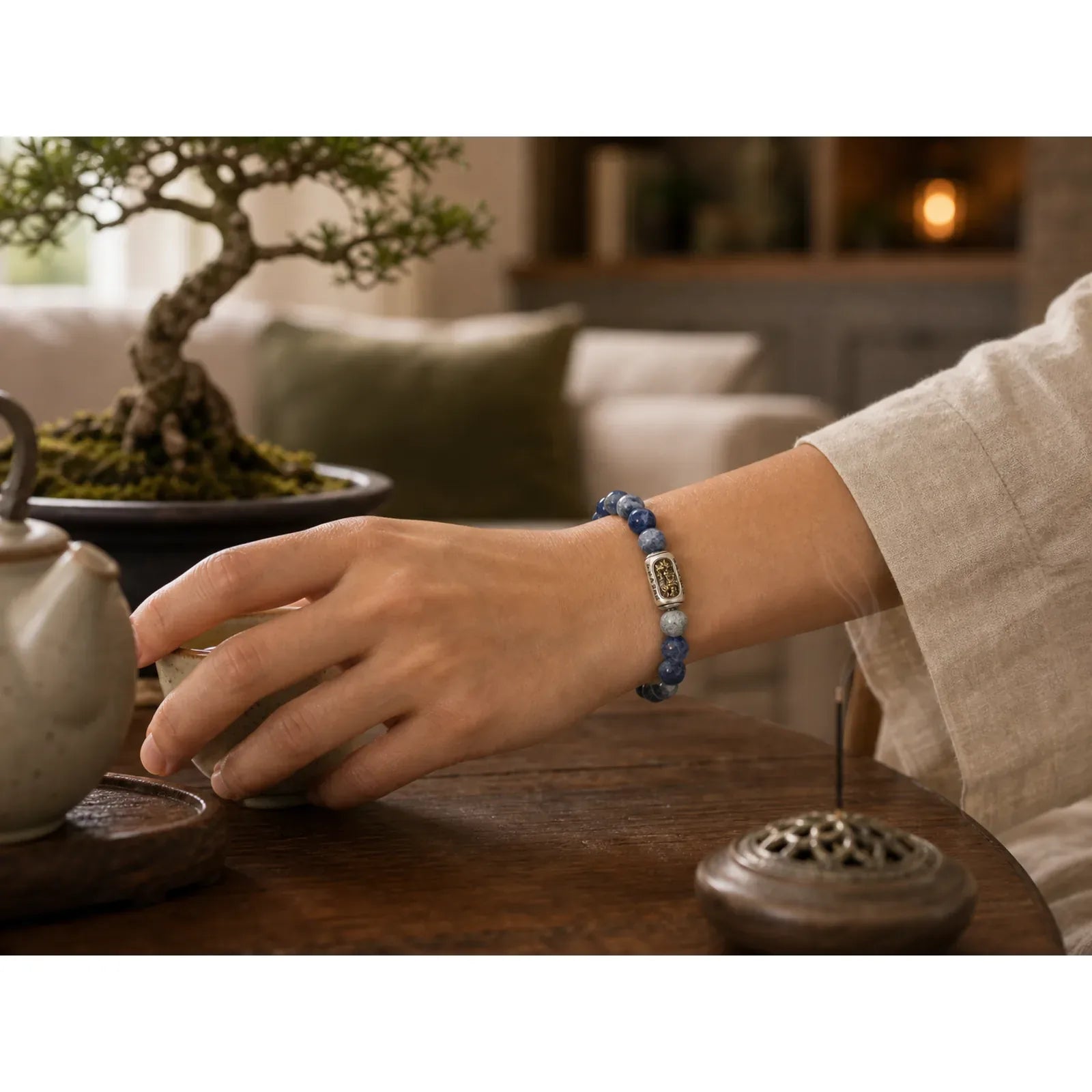 Natural Sodalite Grey Jasper Om Mani Padme Hum Harmony Bracelet featuring Sodalite, Grey Jasper, Om Mani Padme Hum