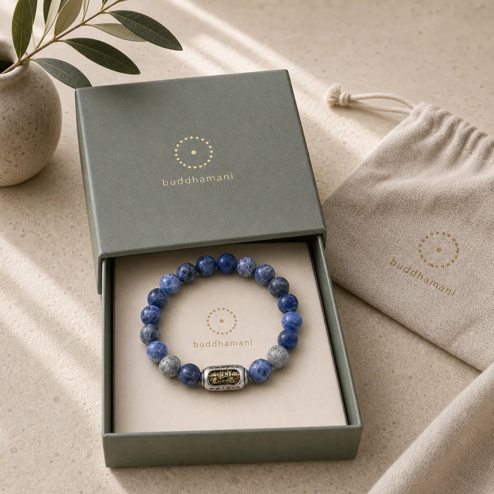 Natural Sodalite Grey Jasper Om Mani Padme Hum Harmony Bracelet featuring Sodalite, Grey Jasper, Om Mani Padme Hum