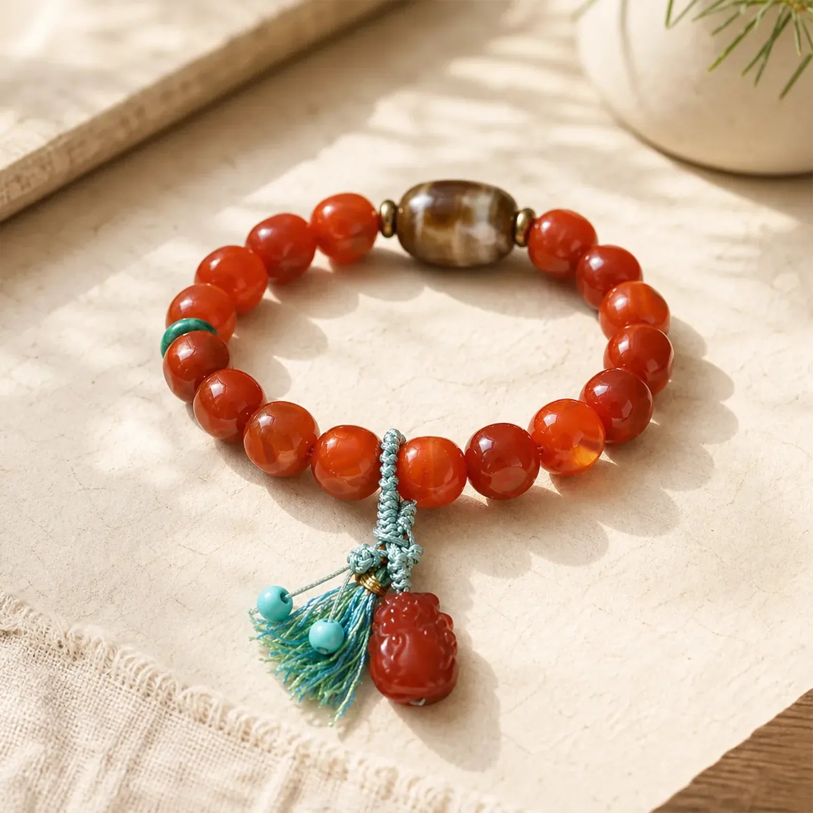 Natural South Red Agate Pixiu Dzi Bead Fortune Luck Bracelet featuring South Red Agate, Red Agate, Pixiu