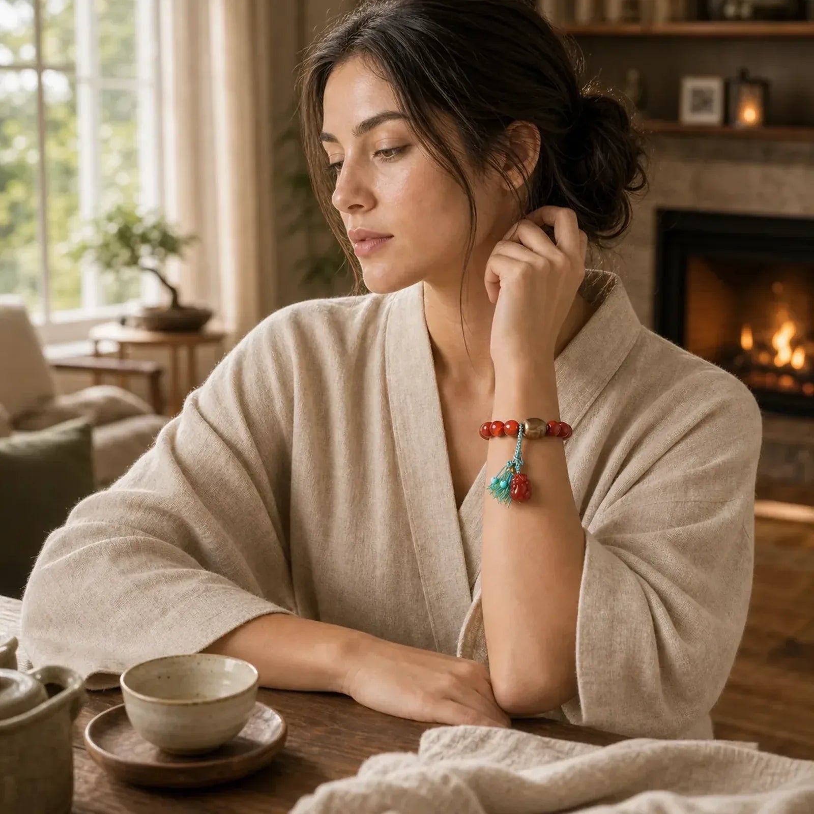 Natural South Red Agate Pixiu Dzi Bead Fortune Luck Bracelet featuring South Red Agate, Red Agate, Pixiu