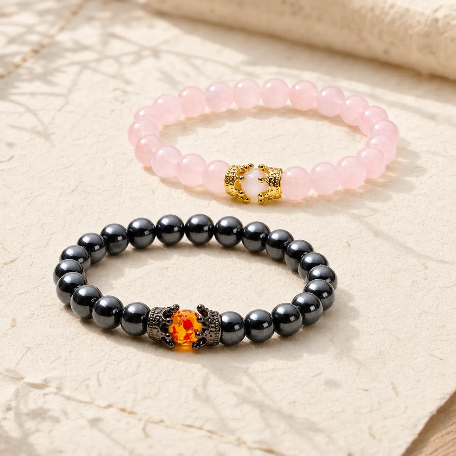 Natural Stone King&Queen Crown Healing Energy Beads Couple Bracelet featuring Amethyst, Black Onyx, Rose Quartz