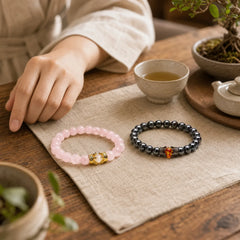 Natural Stone King&Queen Crown Healing Energy Beads Couple Bracelet featuring Amethyst, Black Onyx, Rose Quartz