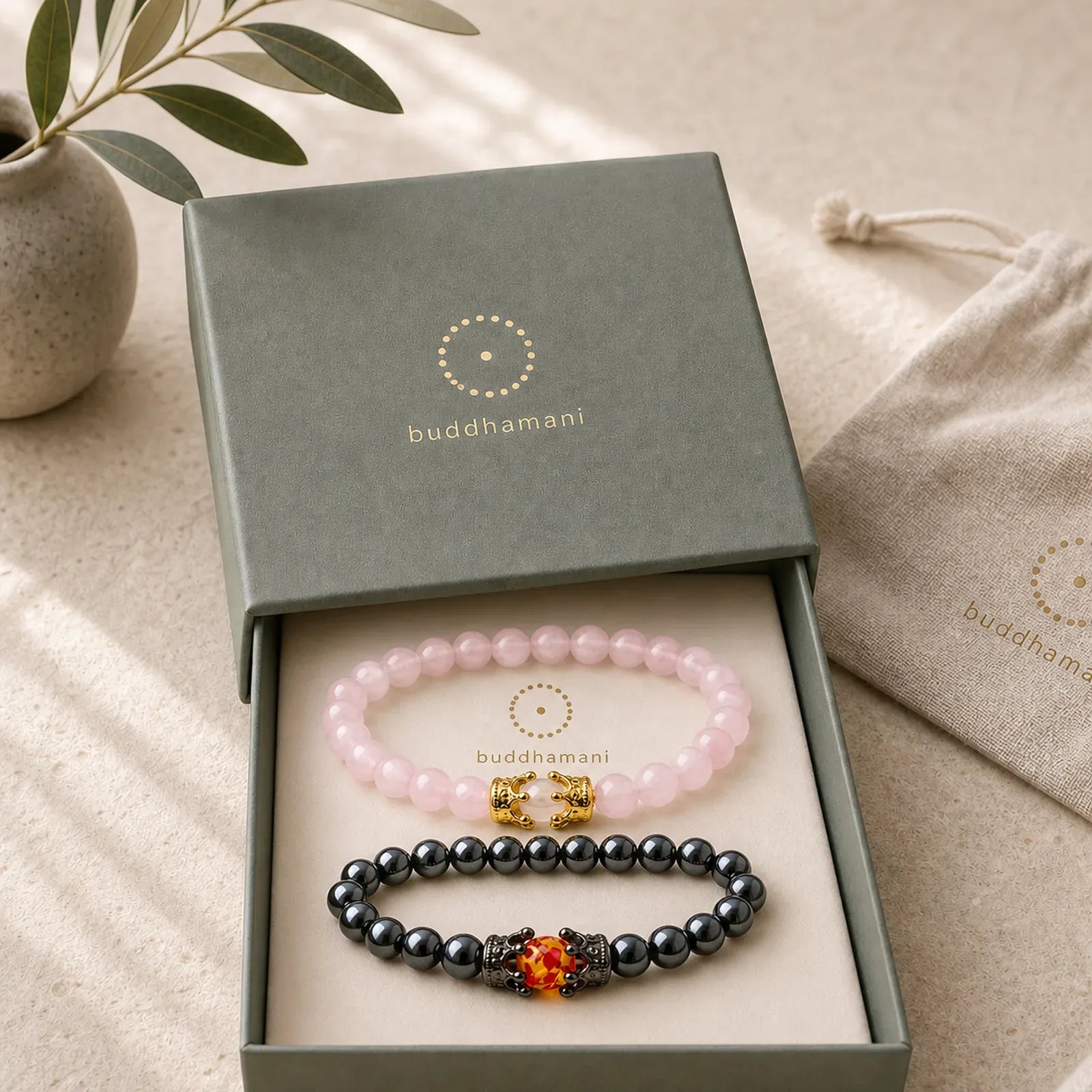 Natural Stone King&Queen Crown Healing Energy Beads Couple Bracelet featuring Amethyst, Black Onyx, Rose Quartz
