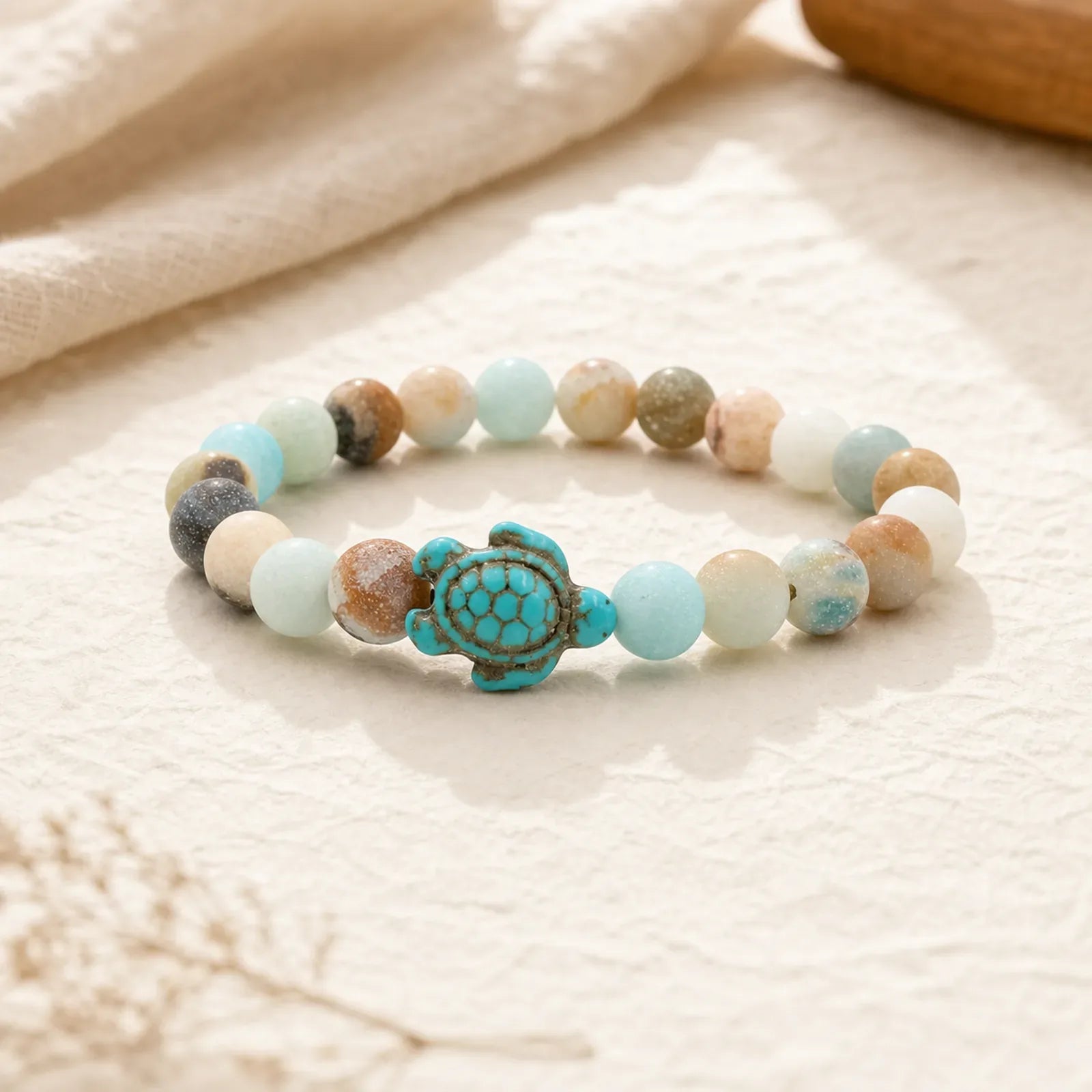 Natural Stone Sea Turtle Turquoise Blessing Bracelet featuring Turtle, Turquoise, Amazonite