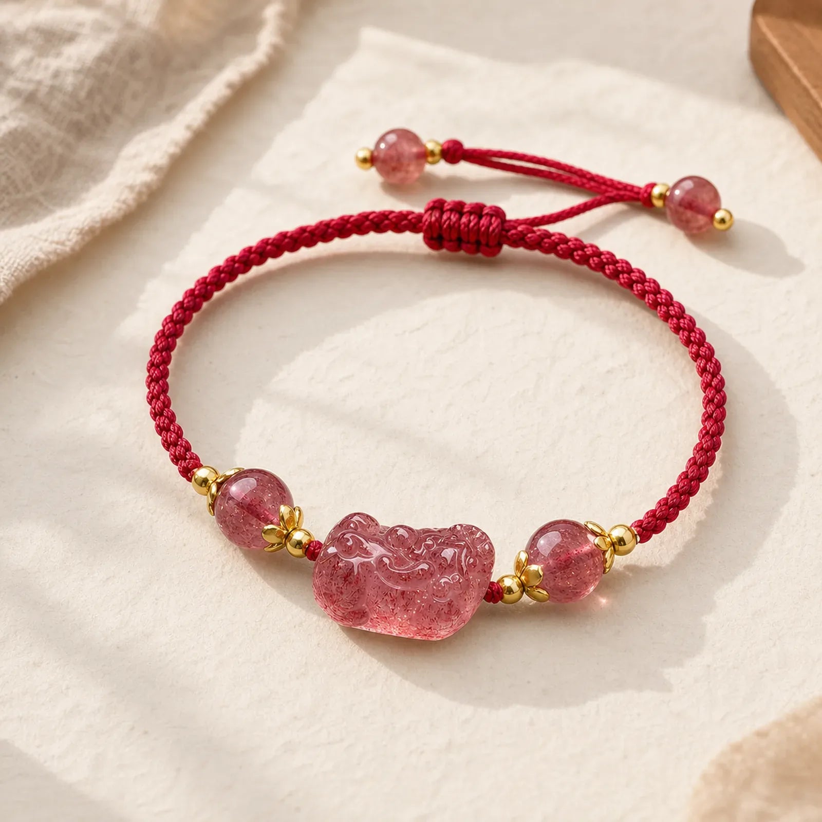 Natural Strawberry Crystal Pixiu Charm Lucky Red String Bracelet featuring Pixiu, Red String, Strawberry Quartz