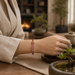Natural Strawberry Crystal Pixiu Charm Lucky Red String Bracelet featuring Pixiu, Red String, Strawberry Quartz