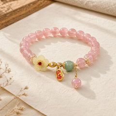 Natural Strawberry Quartz Blossom Fu Character Positivity Healing Bracelet featuring Strawberry Quartz, Fu Character, A Better and Happy Life Strawberry Quartz