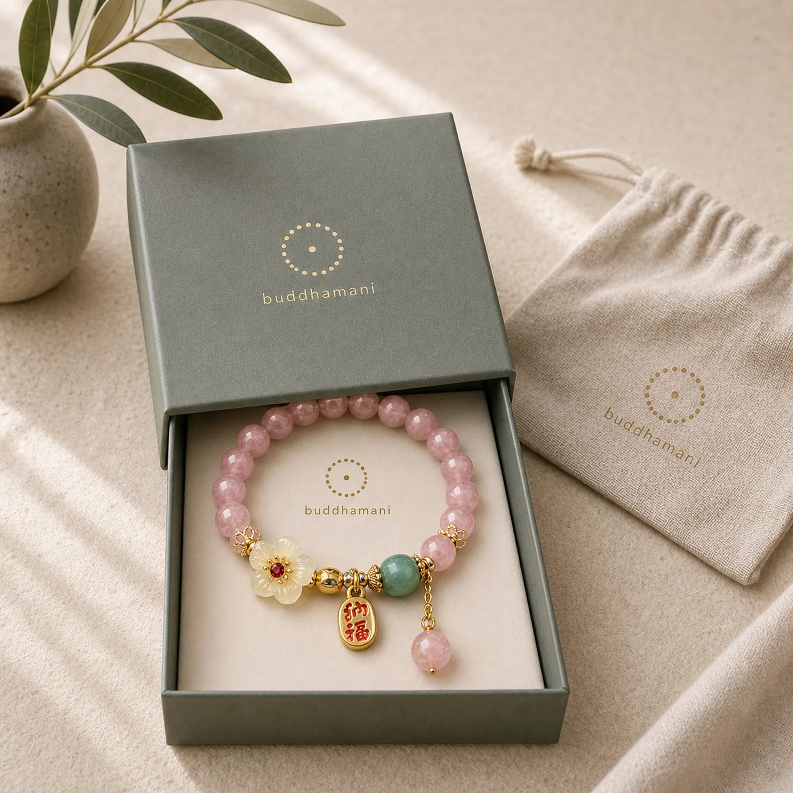 Natural Strawberry Quartz Blossom Fu Character Positivity Healing Bracelet featuring Strawberry Quartz, Fu Character, A Better and Happy Life Strawberry Quartz