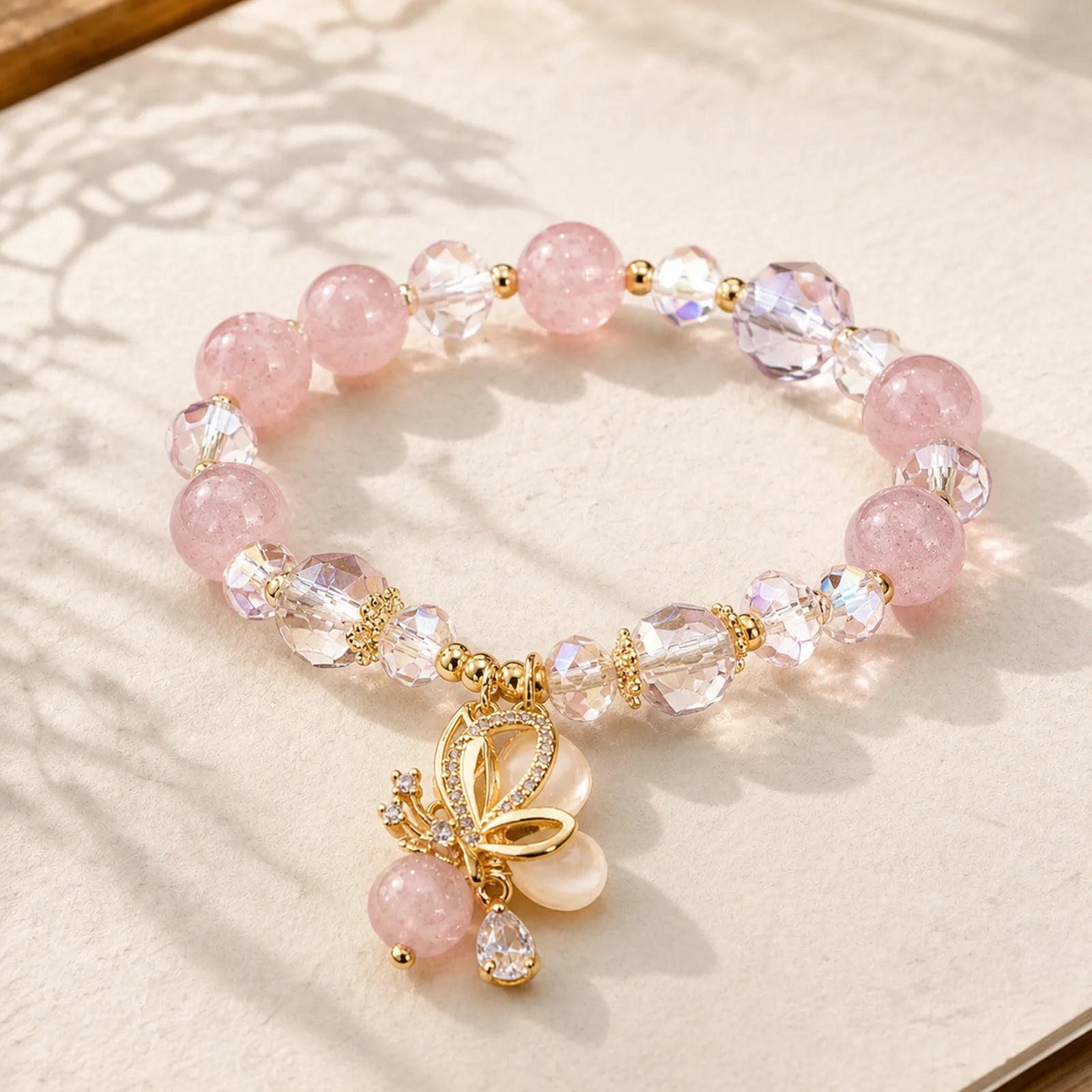 Natural Strawberry Quartz Butterfly Healing Bracelet featuring Strawberry Quartz, Butterfly, Feng Shui Butterfly