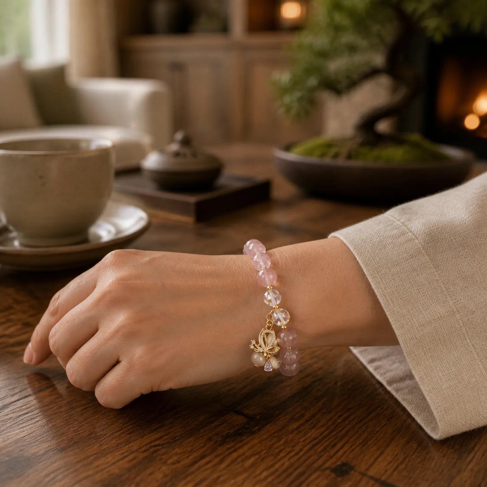 Natural Strawberry Quartz Butterfly Healing Bracelet featuring Strawberry Quartz, Butterfly, Feng Shui Butterfly
