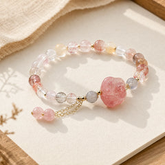Natural Strawberry Quartz Cat Paw Claw Colorful Rutilated Quartz Moonstone Love Bracelet featuring Strawberry Quartz, Rutilated Quartz, Moonstone